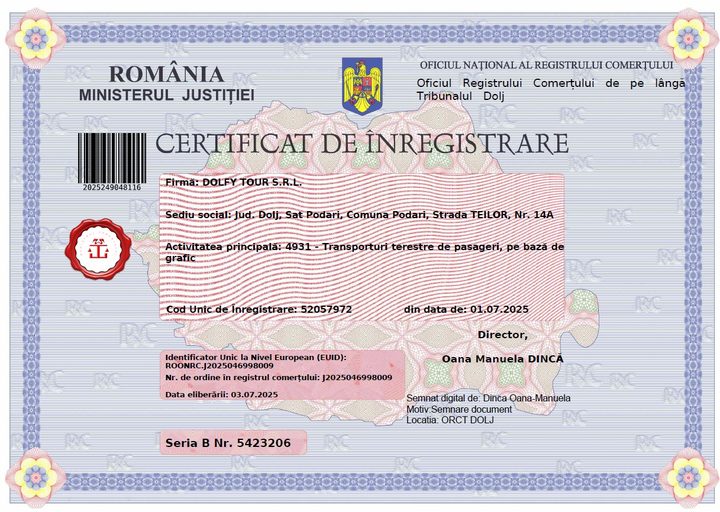 Certificat de înregistrare DOLFY TOUR S.R.L.